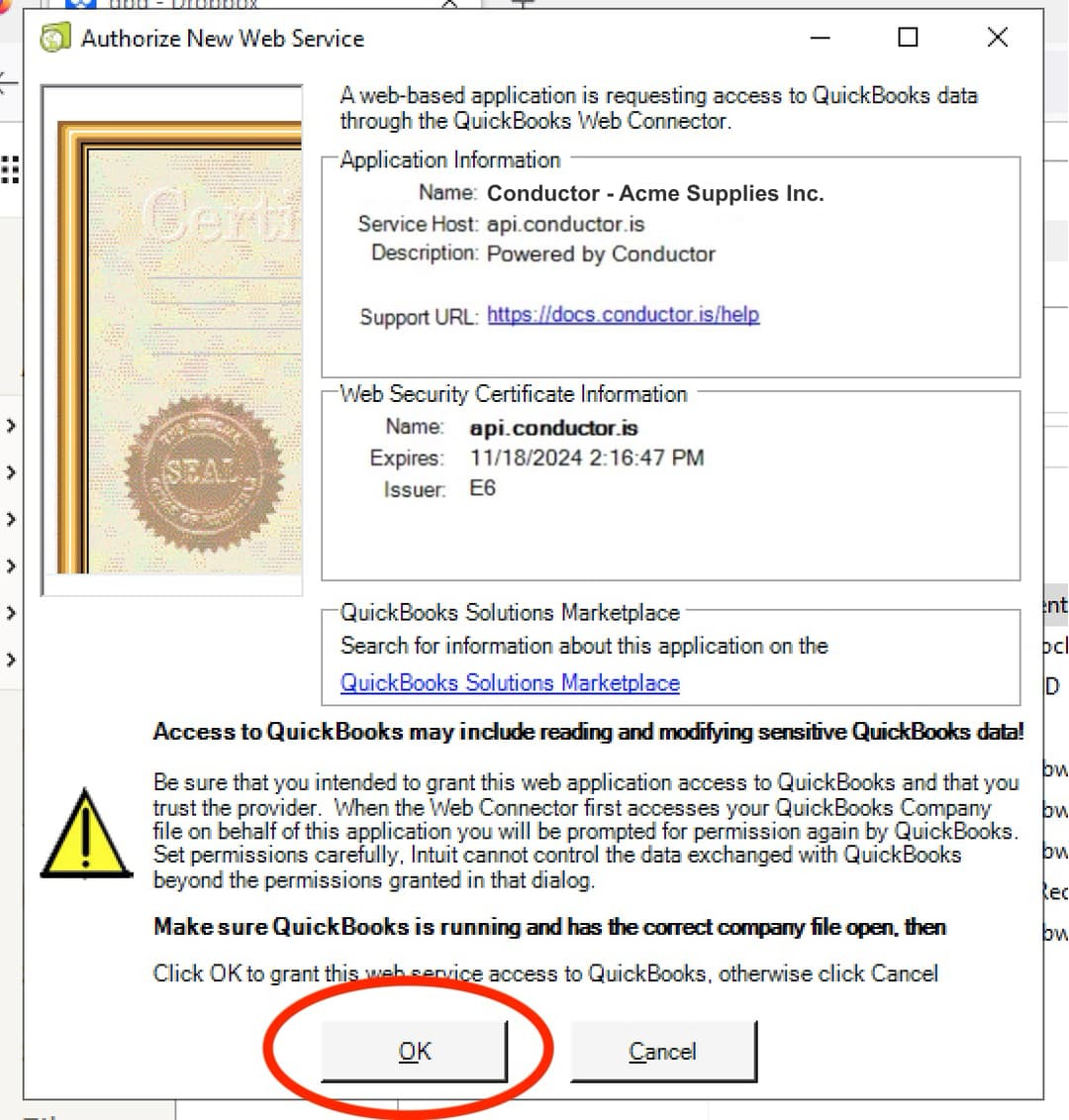 Click OK to allow access