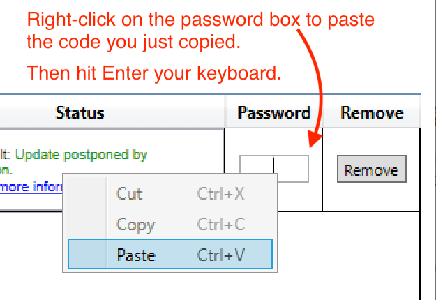 Right-click on the password box to paste the password