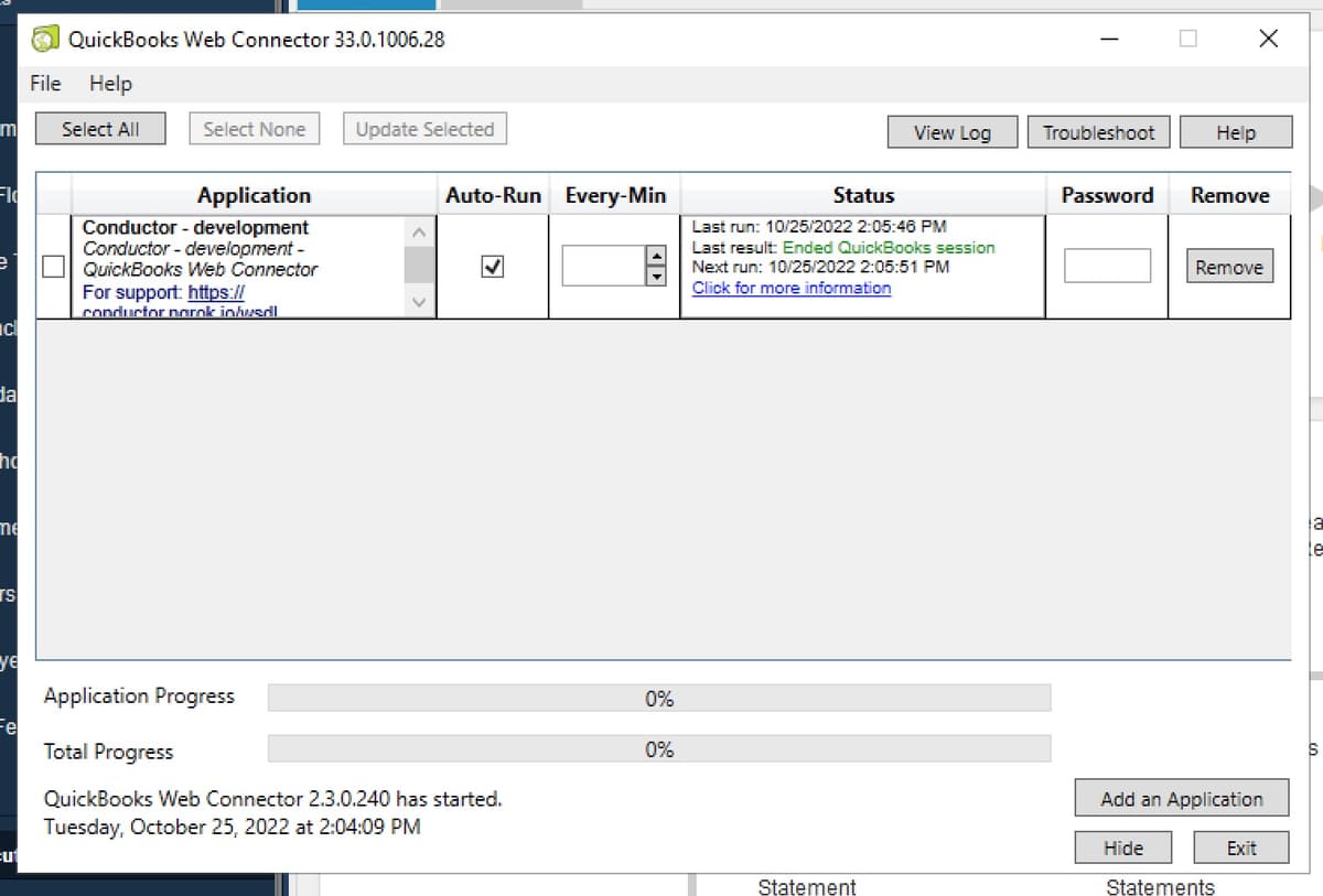QuickBooks Web Connector before entering the password